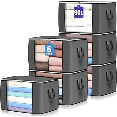90 L Large Storage Bags, 6 Pack Clothes Storage Bins Foldable Closet Organizers Storage Containers with Reinforced Handle for Clothing, Blanket, Comforters, Bed Sheets, Pillows and Toys (Gray)