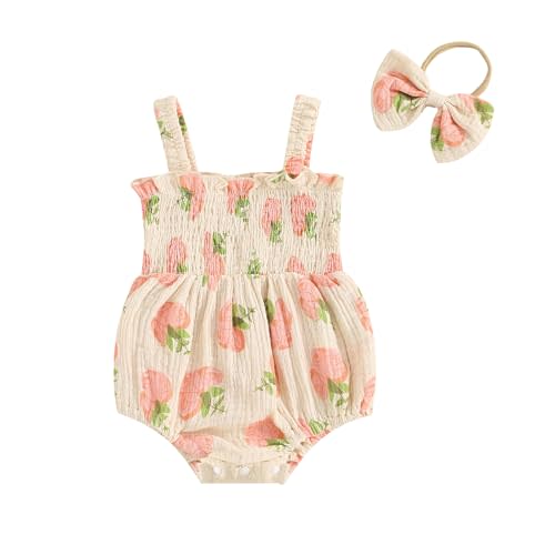Infant Baby Girl Linen Romper Smocked Bubble Bodysuit Frill Trim Ruffle One-Piece Jumpsuit Casual Cute Summer Clothes