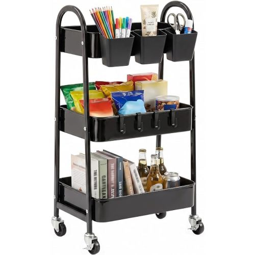 danpinera 3-Tier Rolling Cart, Utility Cart Mobile Metal Rolling Storage Cart with Lockable Wheels & Hanging Cups & Hooks for Kitchen, Bathroom, Office, Workshop, Black