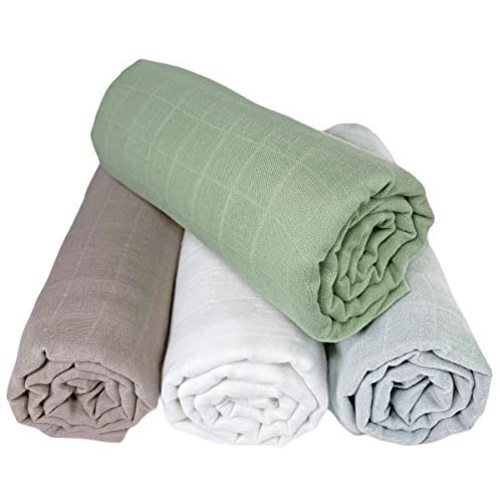 MOZAH Organic Muslin Swaddle Blanket - Set of 4 Extra Large Soft 47x47 Inches - Gender Neutral Swaddle Blanket or Receiving Baby Blanket - Solid Color Green Brown Grey and White Swaddles - Multi Colored