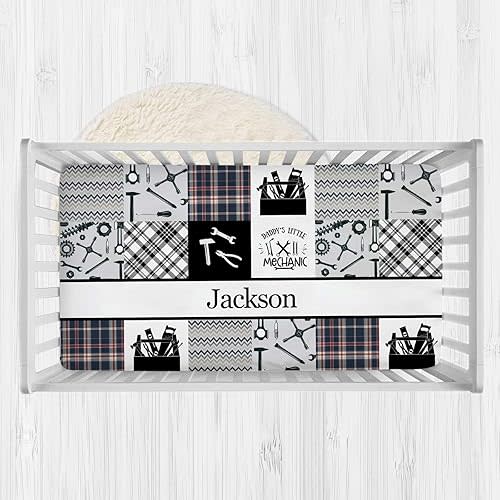 Personalized Baby Crib Sheets, Custom Name Fitted Crib Mattress Sheets, Mechanic Nursery Crib Sheets, Soft Baby Sheets for Standard Crib Toddler Mattresses, 52x28x9 Inch, Cotton Blend