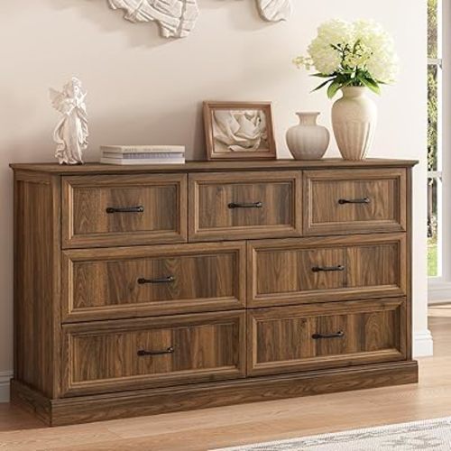 Farmhouse 7 Drawer Dresser for Bedroom, 55 Inch Wide Modern Walnut Dresser TV Stand with Large Drawers & Bar Handles, Rustic Wood Chest of Drawers for Bedroom, Living Room, Hallway, Entryway.
