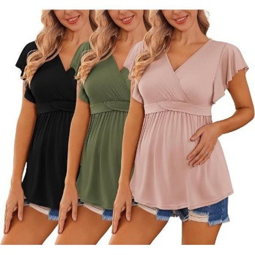 Ekouaer Maternity Shirts 3 Packs Flying Short Sleeve Nursing Tops Pregnancy Clothes Black/pink/army Green XL
