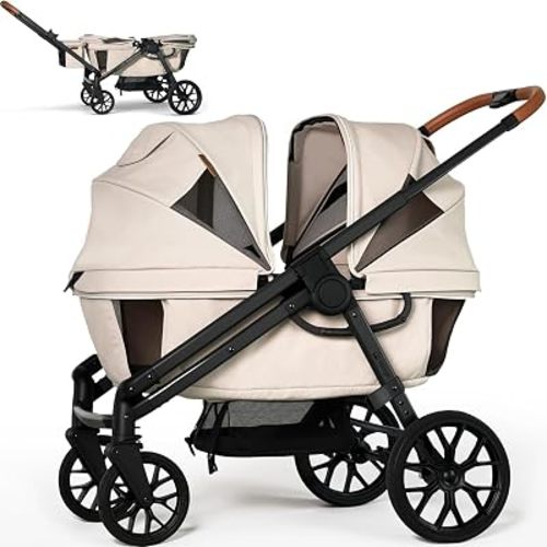 Wagon Stroller for 2 Kids, Foldable All-Terrain Stroller Wagon with Removable UV-Protection Canopy, Adjustable Push/Pull Handle, Snack Tray, Cup Holders & Storage Basket for Baby and Toddler(Khaki)
