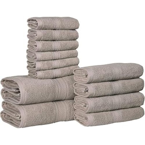 Hillfair 12-Piece Cotton Bath Towel Set - 600 GSM - Hotel Spa Towels - 2 Bath, 4 Hand, 6 Washcloths - Absorbent Soft Cotton - Khaki Stone