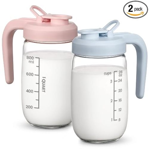 2 Pack Breast Milk Pitcher 32 OZ, Heat & Cold Resistant, Sudden Temperature Safe, Fast Baby Formula Maker with Wide Mouth, No Leak Glass Fridge Storage Container for Juice, Cold Brew-Blue, Pink