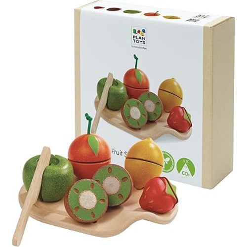 PlanToys 7 Piece Assorted Fruit Kitchen Food Playset (3600) | Sustainably Made from Rubberwood and Non-Toxic Paints and Dyes