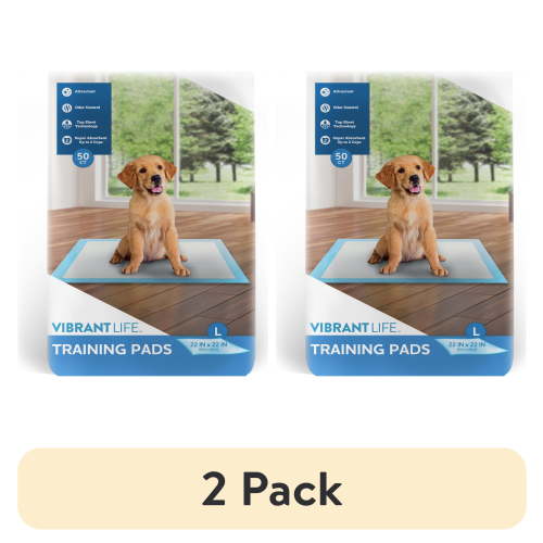 (2 pack) Vibrant Life Training Pads – Super Absorbent, Leak Proof, & Fast Dry Dog and Puppy Pee Pads – L 22 in x 22 in, 50 Count