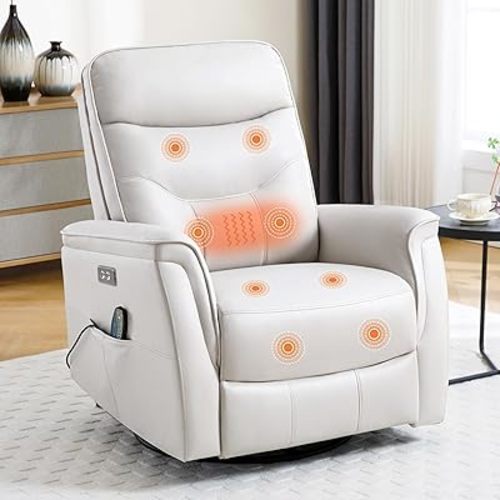 Massage Recliner Chair, Faux Leather Power Rocker Recliner Massage and Heat, Oversized Swivel Glider Nursery Chair with USB for Living Room, Beige