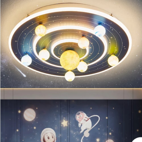 Contemporary Creative Kids Round Space Planet Iron LED Flush Mount Ceiling Light For Bedroom