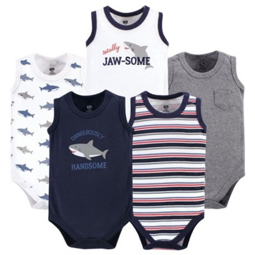Hudson Baby Infant Boys Cotton Sleeveless Bodysuits 5pk, Shark, 9-12 Months