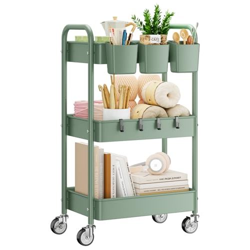 YASONIC 3-Tier Rolling Cart, Green, 66 Pounds Capacity, Mesh Storage Organizer with Lockable Wheels, 3 Hanging Cups, 4 Hooks, Easy Assembly, for Kitchen, Bathroom, Laundry, Grocery