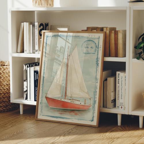 Vintage Sailboat Stamp Art | Nautical Red Boat Canvas with Retro Coastal Americana Style