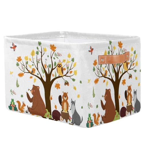 Forest Animals Bear Squirrel Rectangle Storage Basket with Leather Handle - Owls Tree Collapsible Nursery Hamper Cute Toy Box Book Shelf Baskets - Clothes Storages Cube Bins Organizer Room Decor