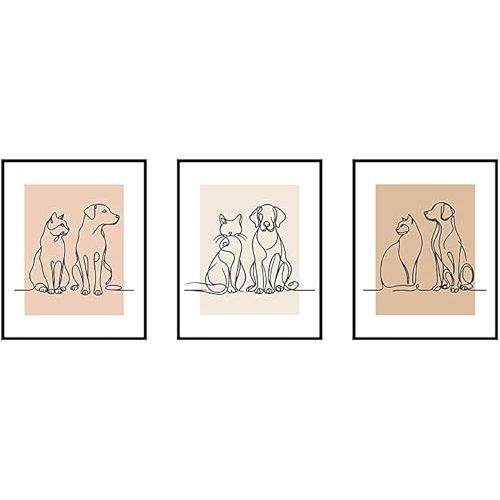 Celercrownv Line Art, Dog & Cat Painting Canvas, Set of 3, Minimalist Pet Wall Art, Animal Wall decor for Living Room, Bedroom, Bathroom, Unframed (8 × 10)