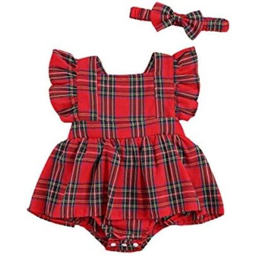 Newborn Infant Baby Girls Christmas Clothes Red Plaid Ruffle Sleeve Romper Top Short Bottoms Xmas Outfits Sets