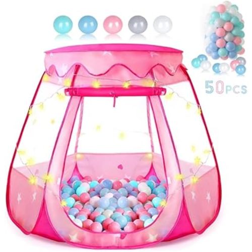Baby Ball Pit for Toddler with 50 Balls, Pop Up Princess Tent with Star Lights for 1 2 3 Year Old Birthday Gift, 12-18 Months Baby Girl Toys with Carrying Bag, Indoor&Outdoor Play Tent for Kids