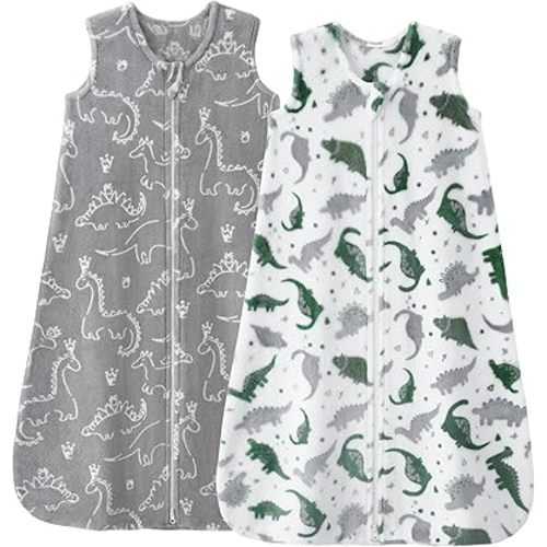 Fleece Baby Sleep Sack 6-12 Months 2.0 Tog Baby Wearable Blanket with 2-Way Zipper Warm Sleeping Sack for Infant Newborn - Medium Gray White Dinosaur