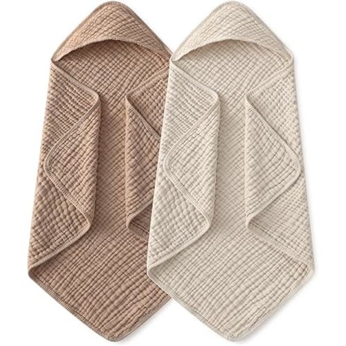 Yoofoss Hooded Baby Bath Towels 2 Pack 100% Muslin Organic Cotton with Hood
