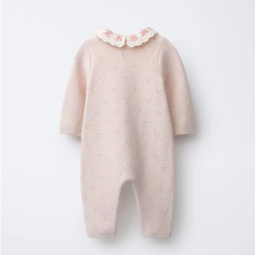 KNIT JUMPSUIT WITH CROCHET COLLAR AND EMBROIDERED FLOWERS - Beige-pink | ZARA United States