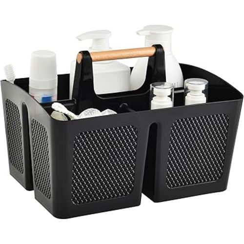 Haundry Plastic Black Shower Caddy Basket with 3 Compartments, Portable Divided Bathroom Cleaning Caddy Organizer Storage Tote with Handle for Dorm, College, Room Essentials