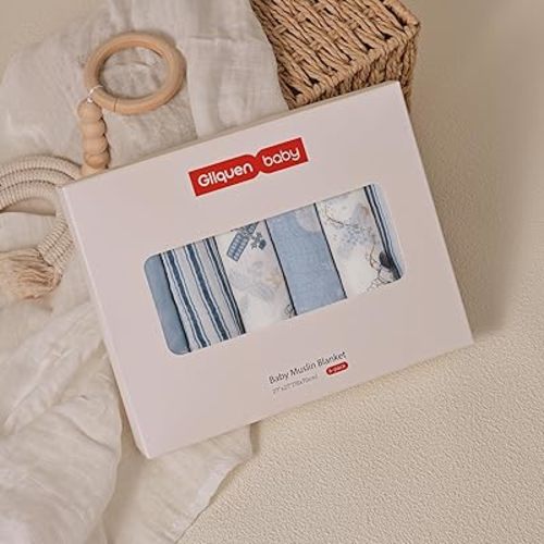 GLLQUEN BABY Receiving Blanket Boy Cotton Muslin Swaddle Blankets Girl Newborn Squares Breathable & Soft Thin Baby Blankets Cloths Double Absorbent Infant Swaddling Wrap - 6 Pack (Blue Astronaut)