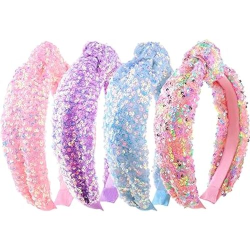 Knotted Headbands for Girls Women, 4Pcs Glitter Sequins Rainbow Headbands Girls Sparkly Top Knot Headband Pink Blue Purple Hairbands Hair Accessories for Back to School or Daily Outfits