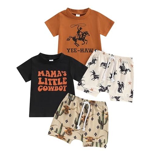 Toddler Boys Shorts Set Western Cowboy-Print Short Sleeves Tops+Elastic Pants Baby Summer Casual Outfits