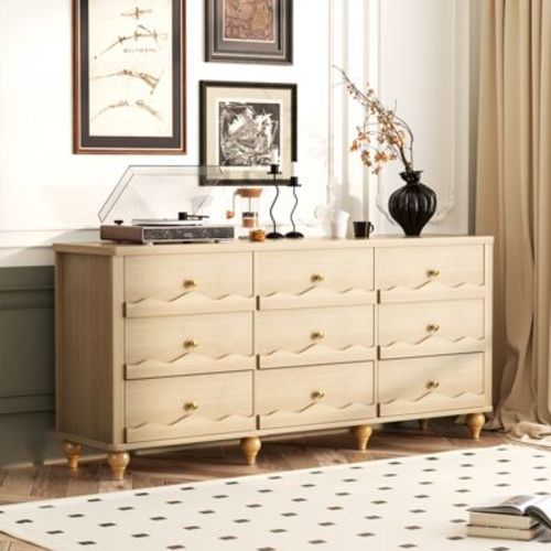 Besiost Closet Storage Cabinet with 9 Drawers, Wooden Dresser with Scalloped Front, Beige