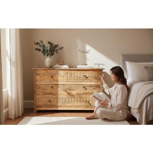 Hand Carved Wooden Dresser, Rustic Boho Chest of Drawers, Sideboard, Storage Cabinet Home Decor