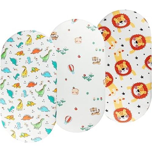 Onacosht Bassinet Sheets Set 3 Pack for Baby Boy, Stretchy Soft Jersey Knitted Fitted Sheet Universal for Oval Rectangle and Hourglass Bassinet Mattress, Dinosaur, Tiger and Lion Printing