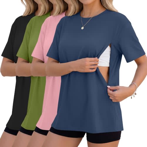 4 Pack Nursing Breastfeeding Shirts | Oversized Hidden Zippers Tops, Maternity Short Sleeve Tees, Easy Breastfeeding, Daily Wear Outfits, for Postpartum Women