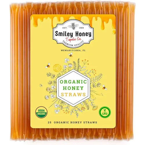 Smiley Honey 100% Organic Honey Straws, Raw, Pure and Unfiltered Honey, Single Serve Stir Sticks, 100% Organic Honey (25 Count)