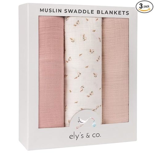 Ely's & Co. Muslin Swaddle Blankets 3-Pack for Baby Girl, 100% Cotton Muslin Extra Large Swaddle Receiving Blankets, 47”x47” (Pink-Cream Floral)