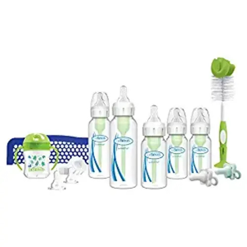 Dr. Brown’s Natural Flow® Anti-Colic Options+™ First Year Feeding Set with Newborn Baby Bottles, Soft Spout Transition Cup, Bottle Cleaning Brush and 100% Silicone HappyPaci™ One-Piece Pacifiers - First Year Gift Set