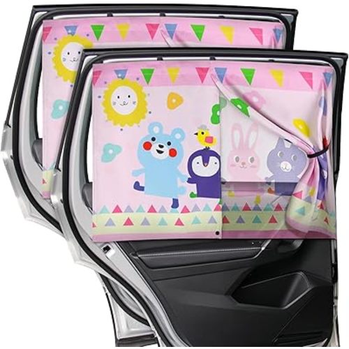 Car Window Shade for Baby, 2pcs Magnetic Auto Sun Shades for Side Windows Double Layer Full & Half Shade Options, Cute Patterns Car Window Curtains for Sun Glare Block
