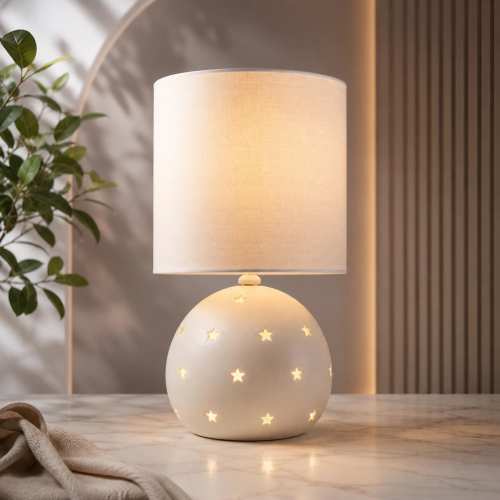 White Nursery Table Lamp with LED Bulb Kids Bedroom Lamp Star Cutout Ceramic Bedside Lamp 3 Way Night Light