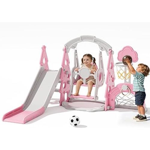 XJD 6-in-1 Toddler Slide and Swing Set, Kids Slide for Toddlers Age 1+, Toddler Outdoor Playset with Basketball Hoop, Football Frame, Swing, Christmas Birthday Gifts for Kids (Light Pink)
