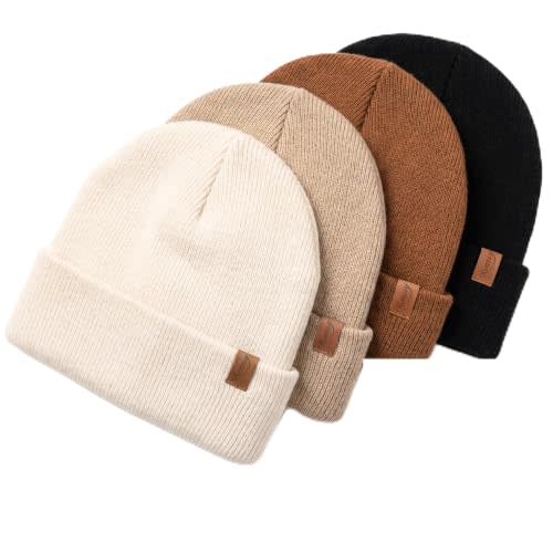 Konssy 4-Pack Baby Beanie Winter Hat for Newborn Infant Boy Girl 0-6 Months | Cozy Double-Layer Knitted Warm Hats, Extra-Soft, Warm Stretch Beanies Without Tight Marks, Multicolor set, Machine Washable