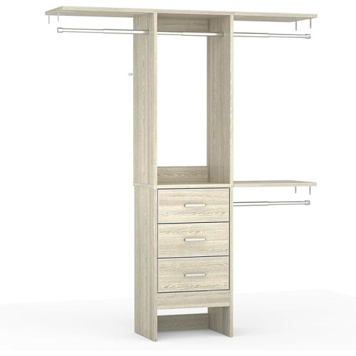 Besiost 4FT Small Closet System with 3 Fabric Drawers, 48'' Closet Organizer System With 3 Adjustable Shelves, Flexible Built-In Clothes Garment Rack for Small Space, 48" L x 13" W x 71" H, Light Oak