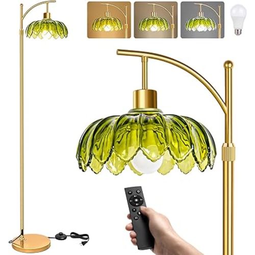 Gold Floor Lamps for Living Room: Tall Standing Lamp for Bedroom Office, Arc Mid Century Modern LED Floor Lamp with Remote, Vintage Boho Dimmable Green Flower Lamp for Corner