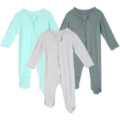 DEFAHN 3Pcs Viscose from Bamboo Baby Footless Pajamas with Mittens Double Zipper Jumpsuit Long Sleeve Jumpsuit 0-24Month