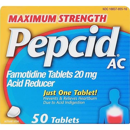 Pepcid AC Maximum Strength Heartburn Relief Tablets, OTC Medicine Prevents & Relieves Heartburn Due to Acid Indigestion & Sour Stomach, 20mg Famotidine Acid Reducer, Fast-Acting, 50 ct