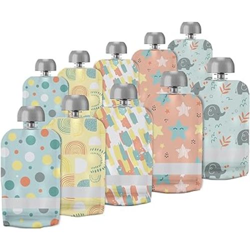 LittleWhispers Reusable Baby Food Pouches - Refillable with Applesauce, Yogurt, Fruit Puree, Smoothie - 10 Pack - Toddler & Kids Squeeze Pouch