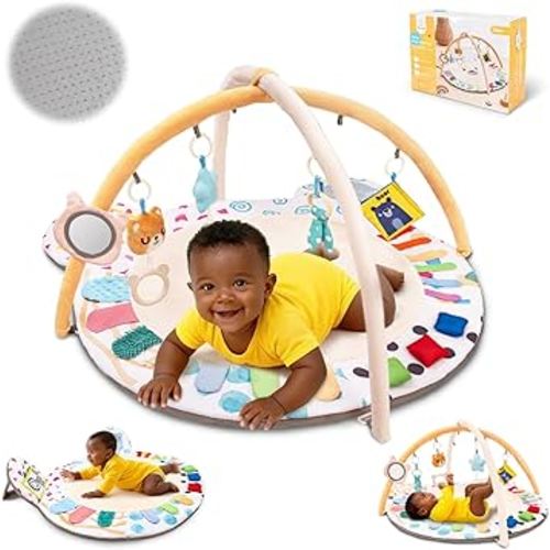 Baby Play Gym, Thickened and Non Slip Activity Mat, 5 Developmental Zones Tummy Time Mat with 5 Detachable Sensory Toys for Motor Skills, Baby Essentials Shower Gift Box(Bear)