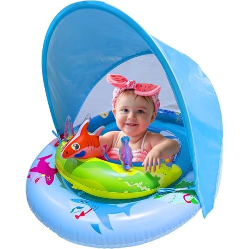Baby Pool Float with UPF50+ Sun Canopy & Ocean Toy Play Console, Adjustable Safety Seat - Infant Toddler Swim Float for 3-36 Months, Dual Air Chambers, Anti-Tip Design