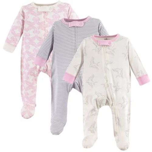 Touched by Nature Baby Girls Organic Cotton Zipper Sleep and Play 3pk, Bird, 3-6 Months