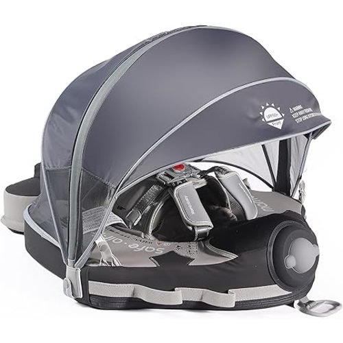 Mambobaby Float Upgrade Add Tail Baby Float with Canopy for Infant Waist Swimming Ring Swim Trainer Non-Inflatable Floats Toys with Adjustable Safety Strap (Grey Airplane)