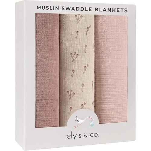 Ely's & Co. Muslin Swaddle Blanket 3-Pack for Baby Boy— 100% Cotton Muslin Extra-Large Swaddle Blankets (47”x 47”) Mauve Bluebell