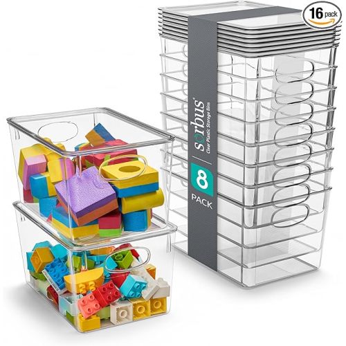 Sorbus Large Clear Plastic Bins with Lids – Stackable Organizer for Toys, Clothes, Medicine, Makeup, Closet, Art Supplies, Bathroom, Shoes – 8 Pack